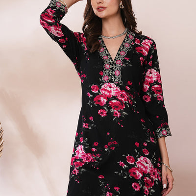Floral Printed & Embroidered Straight Fit Kurta with Pant - Black