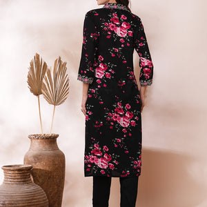 Floral Printed & Embroidered Straight Fit Kurta with Pant - Black