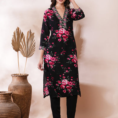 Floral Printed & Embroidered Straight Fit Kurta with Pant - Black