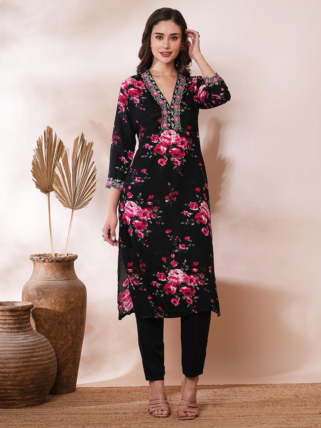 Floral Printed & Embroidered Straight Fit Kurta with Pant - Black