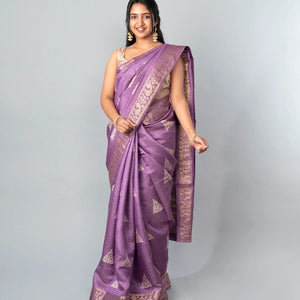Lilac Woven Dola Synthetic Saree With Printed Floral Motifs