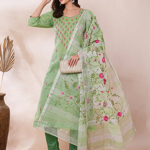 Solid Floral Embroidered Straight Fit Kota Doriya Kurta with Dupatta & Pant - Green