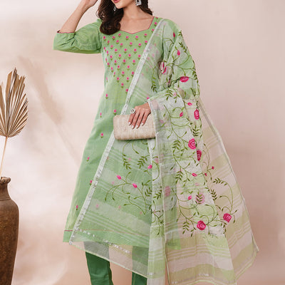 Solid Floral Embroidered Straight Fit Kota Doriya Kurta with Dupatta & Pant - Green