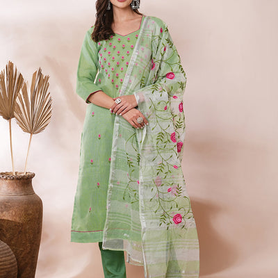 Solid Floral Embroidered Straight Fit Kota Doriya Kurta with Dupatta & Pant - Green