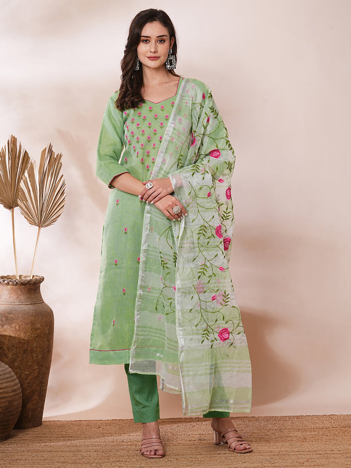 Solid Floral Embroidered Straight Fit Kota Doriya Kurta with Dupatta & Pant - Green