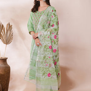 Solid Floral Embroidered Straight Fit Kota Doriya Kurta with Dupatta & Pant - Green