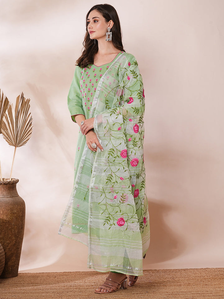 Solid Floral Embroidered Straight Fit Kota Doriya Kurta with Dupatta & Pant - Green