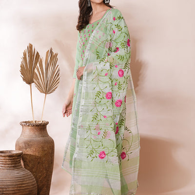 Solid Floral Embroidered Straight Fit Kota Doriya Kurta with Dupatta & Pant - Green