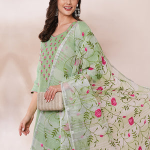Solid Floral Embroidered Straight Fit Kota Doriya Kurta with Dupatta & Pant - Green