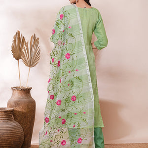 Solid Floral Embroidered Straight Fit Kota Doriya Kurta with Dupatta & Pant - Green