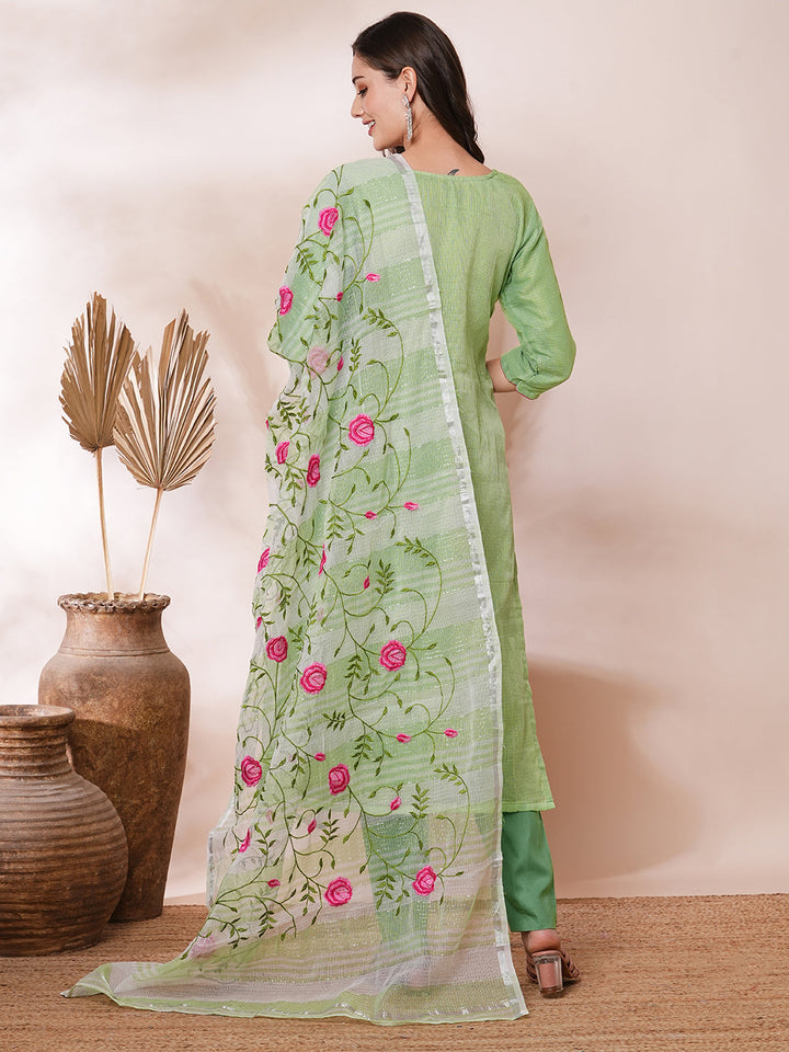 Solid Floral Embroidered Straight Fit Kota Doriya Kurta with Dupatta & Pant - Green