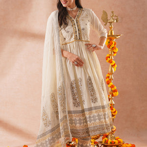 Solid Ethnic Embroidered Lurex Striped A-Line Pleated Kurta with Pant and Dupatta - Off White