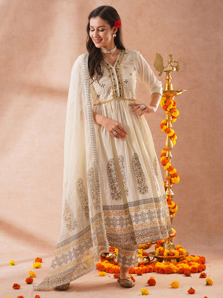 Solid Ethnic Embroidered Lurex Striped A-Line Pleated Kurta with Pant and Dupatta - Off White