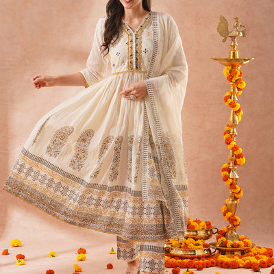 Solid Ethnic Embroidered Lurex Striped A-Line Pleated Kurta with Pant and Dupatta - Off White