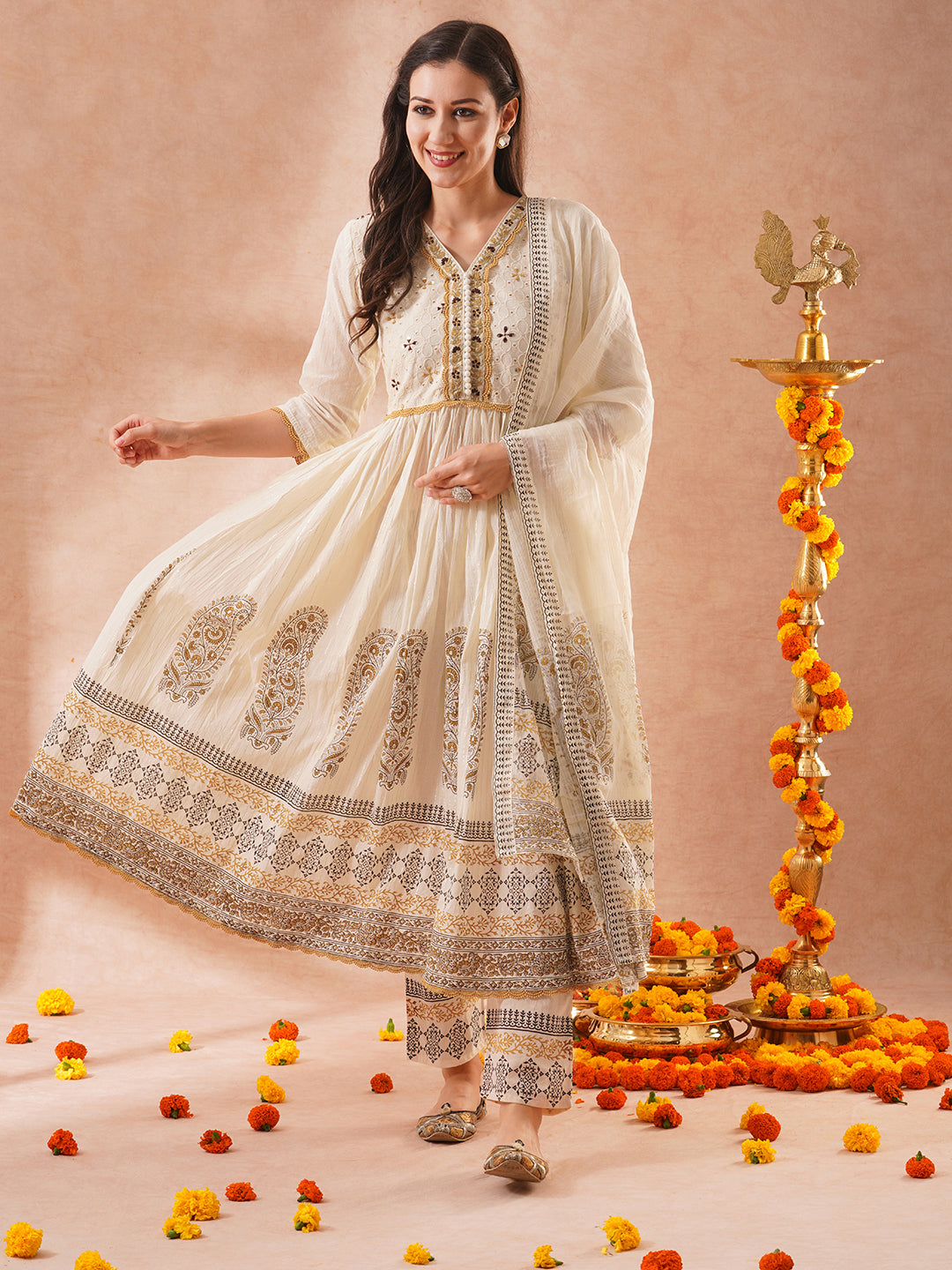 Solid Ethnic Embroidered Lurex Striped A-Line Pleated Kurta with Pant and Dupatta - Off White