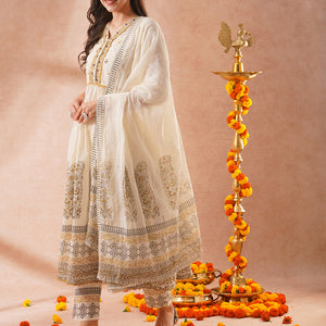 Solid Ethnic Embroidered Lurex Striped A-Line Pleated Kurta with Pant and Dupatta - Off White
