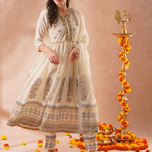 Solid Ethnic Embroidered Lurex Striped A-Line Pleated Kurta with Pant and Dupatta - Off White