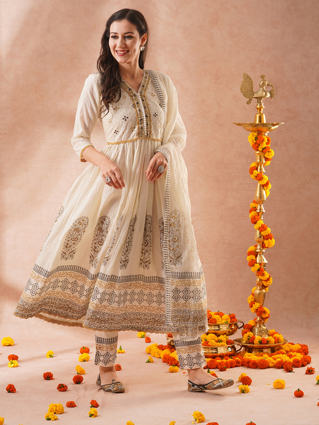 Solid Ethnic Embroidered Lurex Striped A-Line Pleated Kurta with Pant and Dupatta - Off White