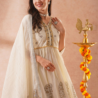 Solid Ethnic Embroidered Lurex Striped A-Line Pleated Kurta with Pant and Dupatta - Off White