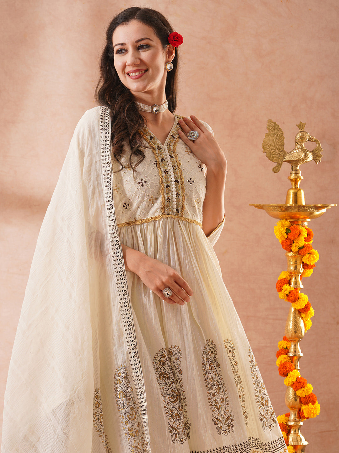 Solid Ethnic Embroidered Lurex Striped A-Line Pleated Kurta with Pant and Dupatta - Off White