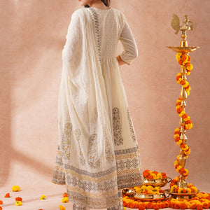 Solid Ethnic Embroidered Lurex Striped A-Line Pleated Kurta with Pant and Dupatta - Off White