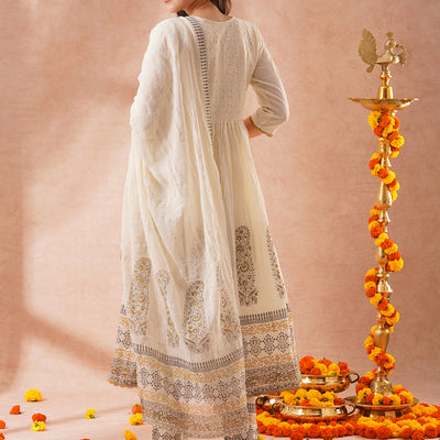 Solid Ethnic Embroidered Lurex Striped A-Line Pleated Kurta with Pant and Dupatta - Off White