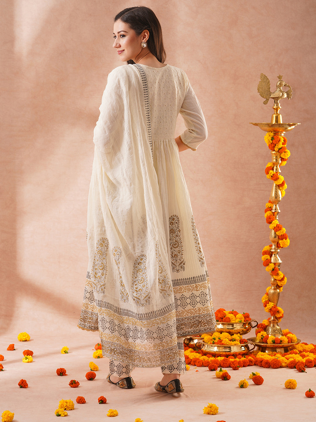 Solid Ethnic Embroidered Lurex Striped A-Line Pleated Kurta with Pant and Dupatta - Off White