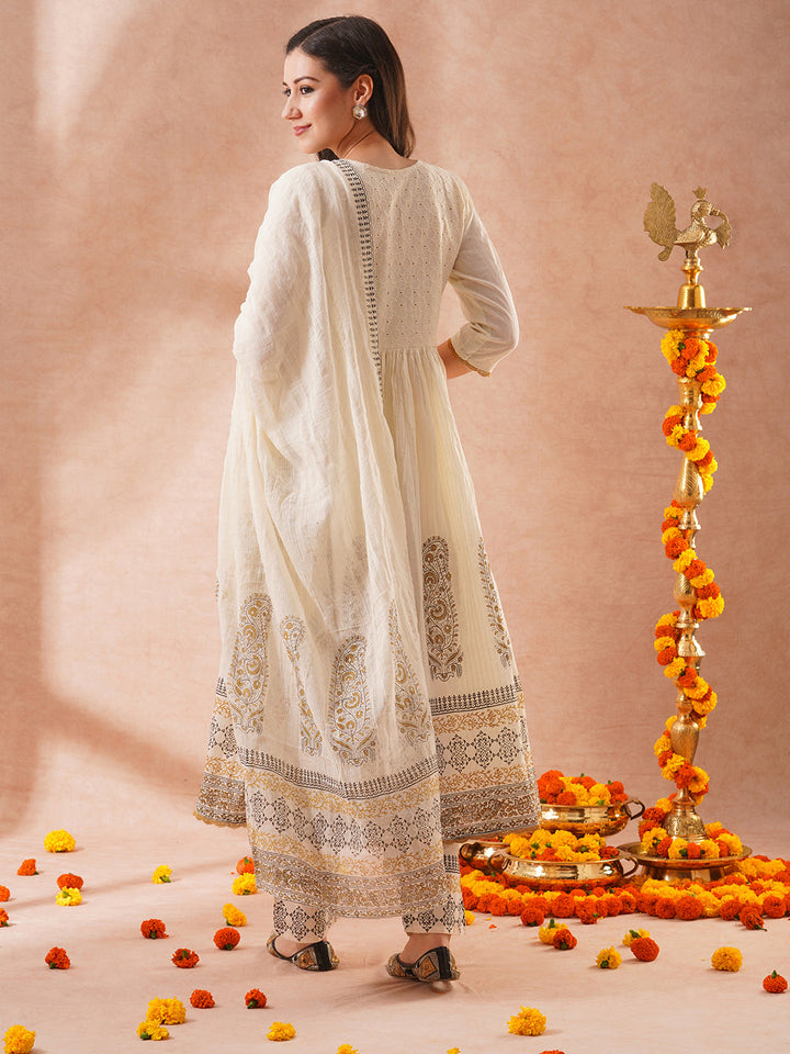 Solid Ethnic Embroidered Lurex Striped A-Line Pleated Kurta with Pant and Dupatta - Off White