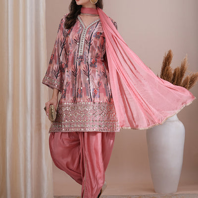 Floral Printed Embroidered Straight Fit Kurta with Dhoti Pant & Dupatta - Peach