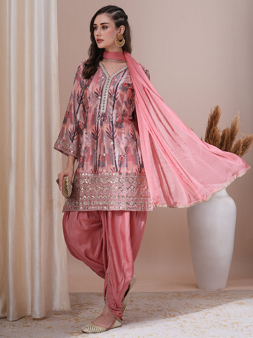 Floral Printed Embroidered Straight Fit Kurta with Dhoti Pant & Dupatta - Peach