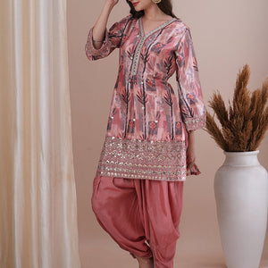 Floral Printed Embroidered Straight Fit Kurta with Dhoti Pant & Dupatta - Peach