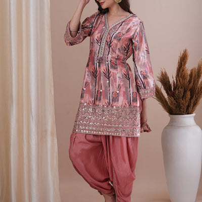 Floral Printed Embroidered Straight Fit Kurta with Dhoti Pant & Dupatta - Peach