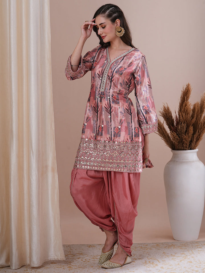 Floral Printed Embroidered Straight Fit Kurta with Dhoti Pant & Dupatta - Peach