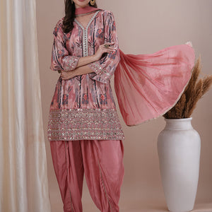 Floral Printed Embroidered Straight Fit Kurta with Dhoti Pant & Dupatta - Peach