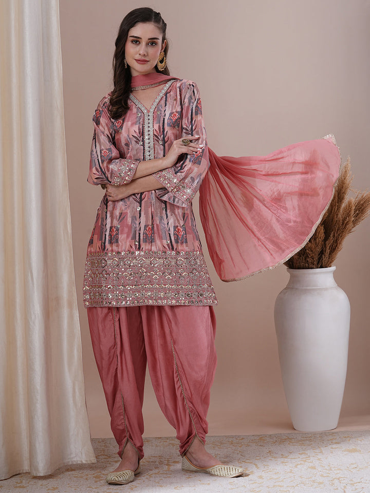 Floral Printed Embroidered Straight Fit Kurta with Dhoti Pant & Dupatta - Peach