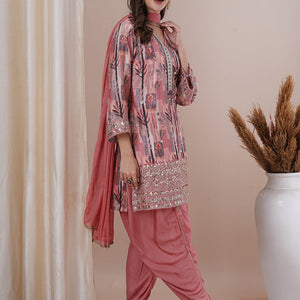 Floral Printed Embroidered Straight Fit Kurta with Dhoti Pant & Dupatta - Peach