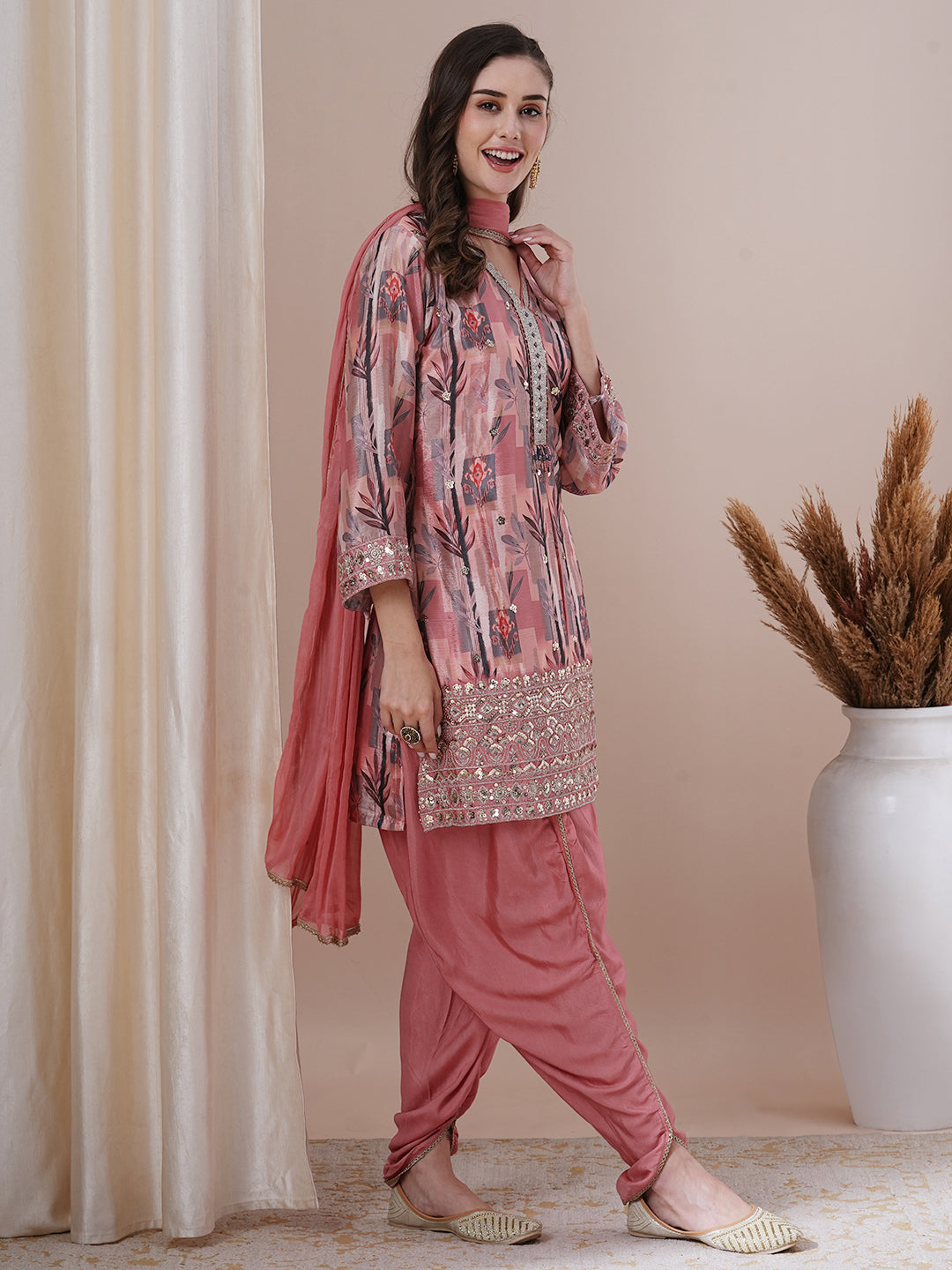 Floral Printed Embroidered Straight Fit Kurta with Dhoti Pant & Dupatta - Peach