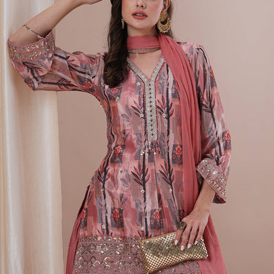 Floral Printed Embroidered Straight Fit Kurta with Dhoti Pant & Dupatta - Peach