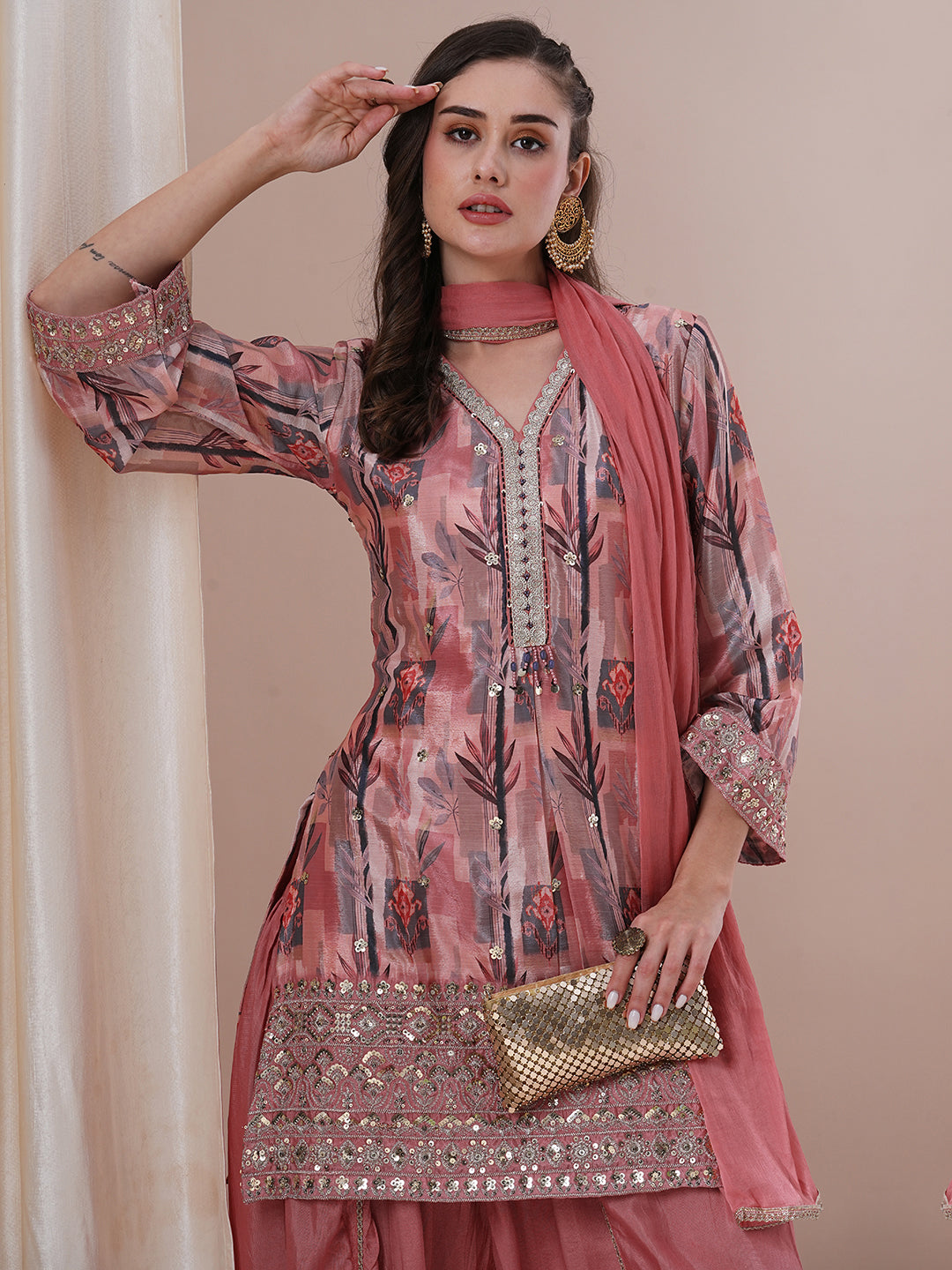 Floral Printed Embroidered Straight Fit Kurta with Dhoti Pant & Dupatta - Peach