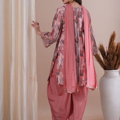 Floral Printed Embroidered Straight Fit Kurta with Dhoti Pant & Dupatta - Peach