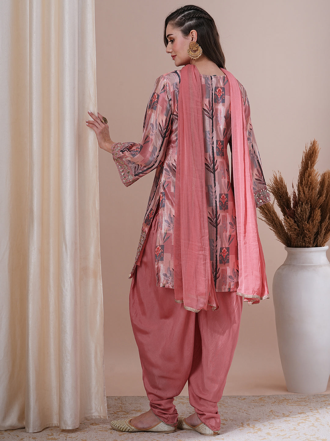 Floral Printed Embroidered Straight Fit Kurta with Dhoti Pant & Dupatta - Peach