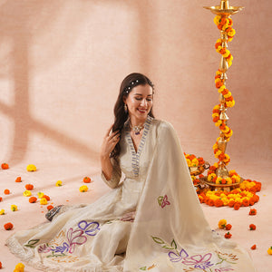 Floral Hand Embroidered Anarkali Flared Kurta with Pant and Hand Painted Dupatta - Off White