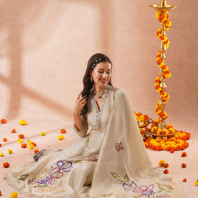 Floral Hand Embroidered Anarkali Flared Kurta with Pant and Hand Painted Dupatta - Off White