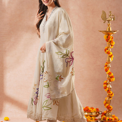 Floral Hand Embroidered Anarkali Flared Kurta with Pant and Hand Painted Dupatta - Off White
