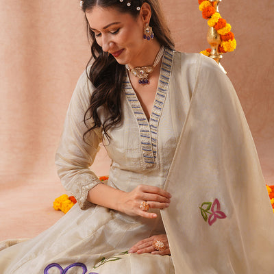 Floral Hand Embroidered Anarkali Flared Kurta with Pant and Hand Painted Dupatta - Off White