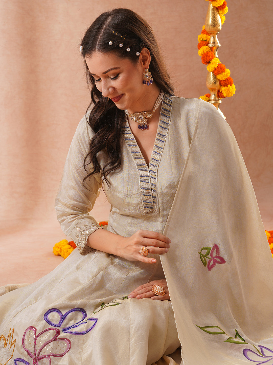 Floral Hand Embroidered Anarkali Flared Kurta with Pant and Hand Painted Dupatta - Off White