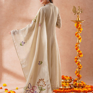 Floral Hand Embroidered Anarkali Flared Kurta with Pant and Hand Painted Dupatta - Off White