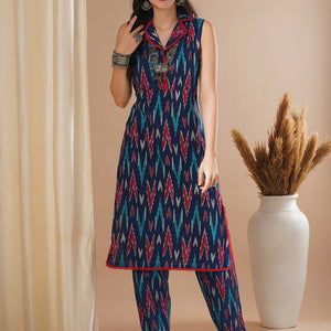 Ethnic Ikat Printed Straight Fit Co-ord Set - Blue