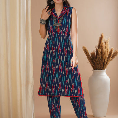 Ethnic Ikat Printed Straight Fit Co-ord Set - Blue