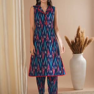 Ethnic Ikat Printed Straight Fit Co-ord Set - Blue